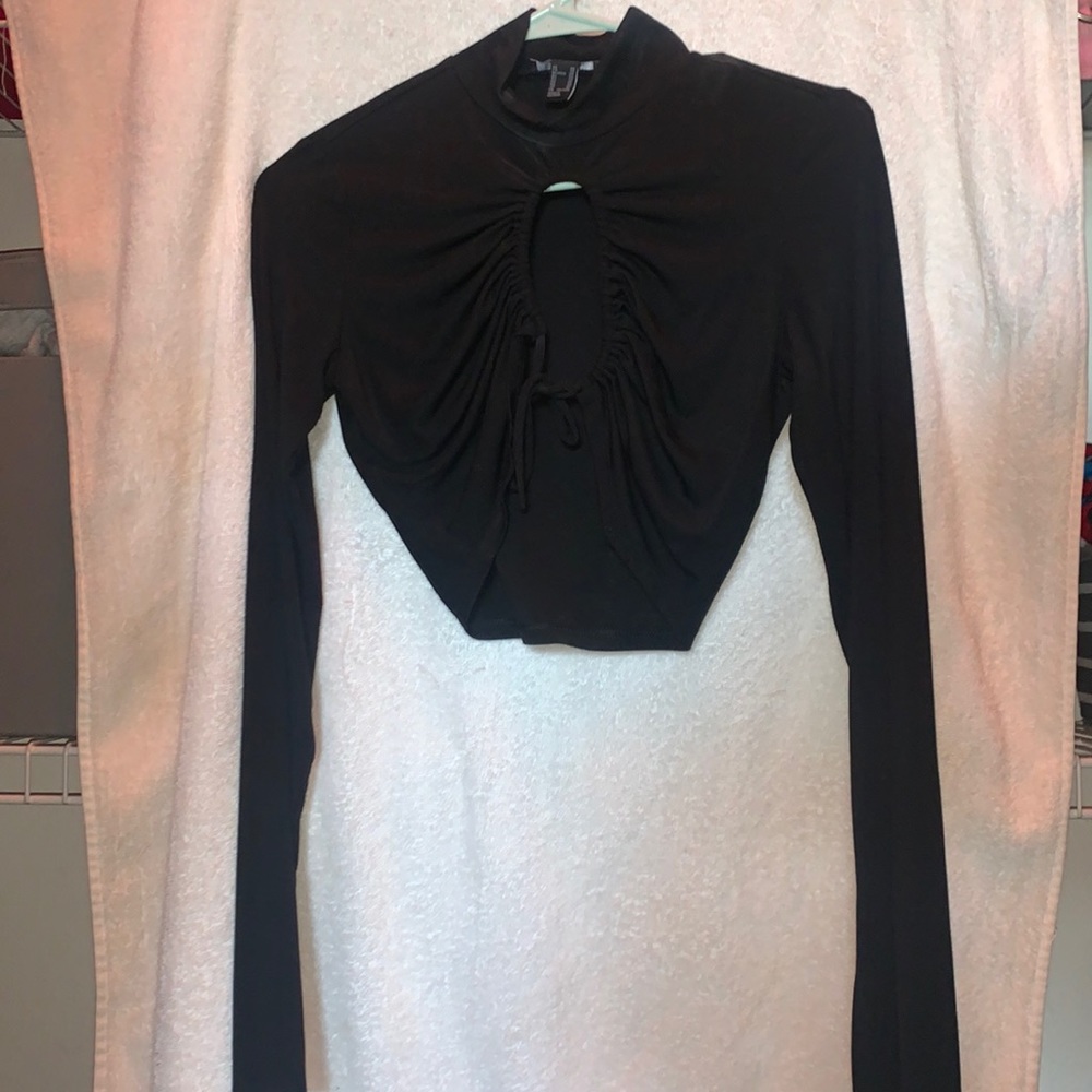 cropped black turtle neck with middle cut out